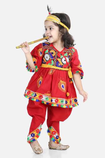BownBee Dhoti Top Janmashtami Cotton Radha Dress Set with Mukut Bansuri Belt for Girls - Red