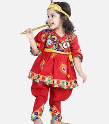 BownBee Dhoti Top Janmashtami Cotton Radha Dress Set with Mukut Bansuri Belt for Girls - Red