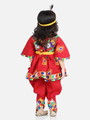 BownBee Dhoti Top Janmashtami Cotton Radha Dress Set with Mukut Bansuri Belt for Girls - Red 2
