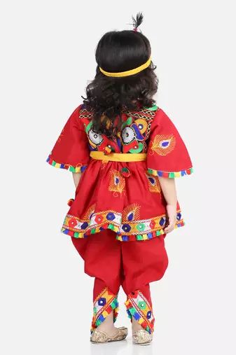 BownBee Dhoti Top Janmashtami Cotton Radha Dress Set with Mukut Bansuri Belt for Girls - Red