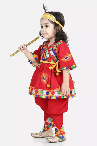 BownBee Dhoti Top Janmashtami Cotton Radha Dress Set with Mukut Bansuri Belt for Girls - Red