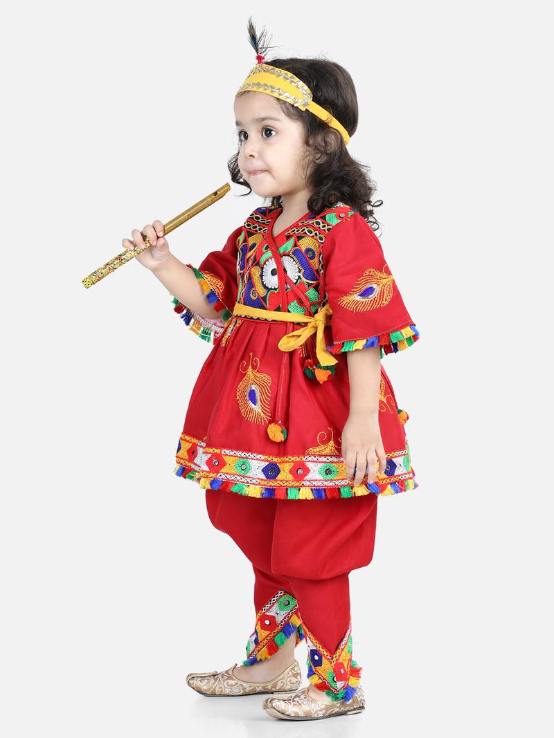 BownBee Dhoti Top Janmashtami Cotton Radha Dress Set with Mukut Bansuri Belt for Girls - Red