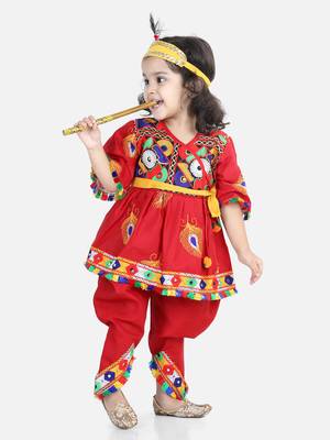 BownBee Dhoti Top Janmashtami Cotton Radha Dress Set with Mukut Bansuri Belt for Girls - Red 4