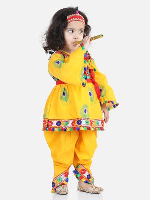 BownBee Dhoti Top Janmashtami Cotton Radha Dress Set with Mukut Bansuri Belt for Girls - Yellow 1