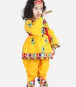 BownBee Dhoti Top Janmashtami Cotton Radha Dress Set with Mukut Bansuri Belt for Girls - Yellow
