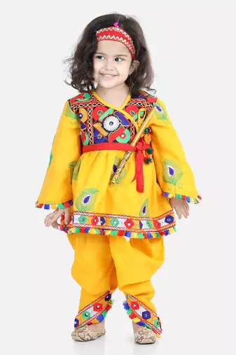 BownBee Dhoti Top Janmashtami Cotton Radha Dress Set with Mukut Bansuri Belt for Girls - Yellow