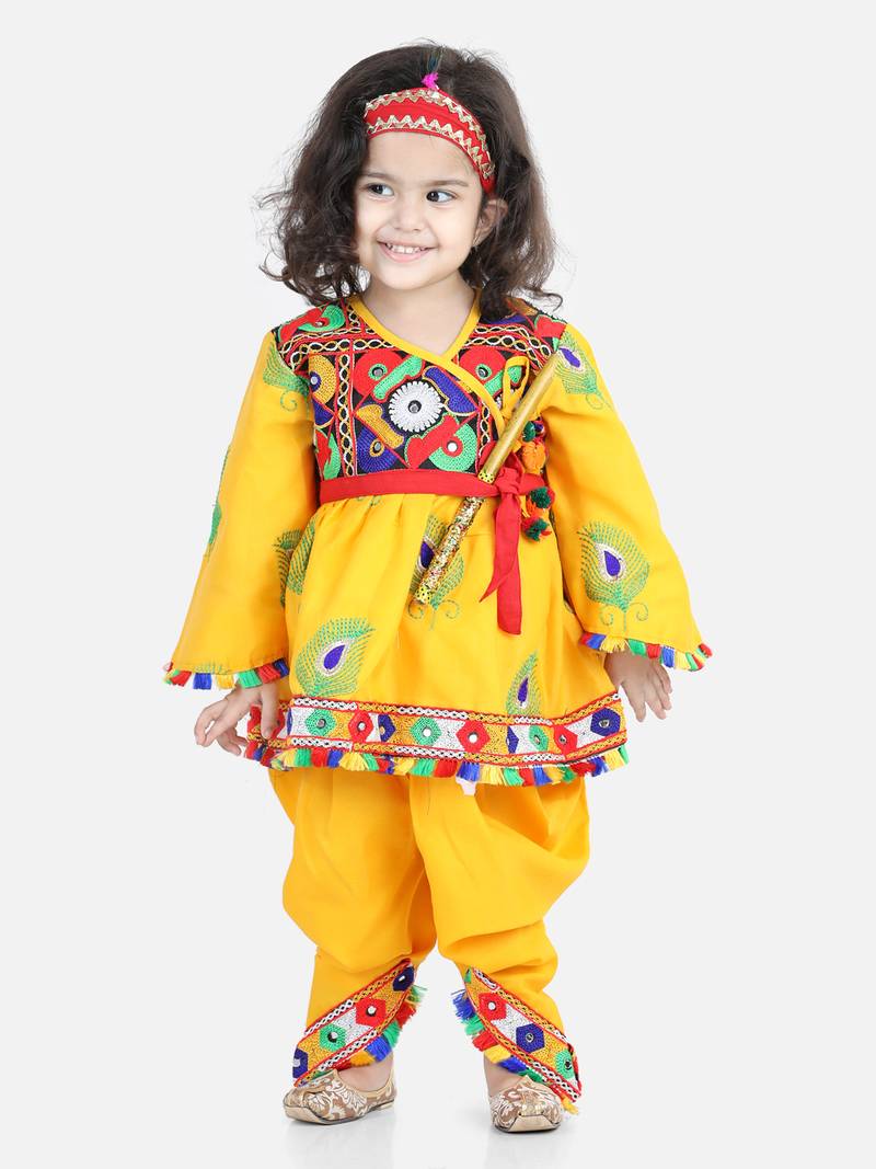 BownBee Dhoti Top Janmashtami Cotton Radha Dress Set with Mukut Bansuri Belt for Girls - Yellow