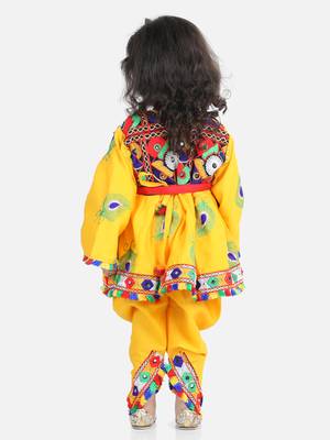 BownBee Dhoti Top Janmashtami Cotton Radha Dress Set with Mukut Bansuri Belt for Girls - Yellow 3