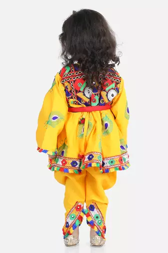 BownBee Dhoti Top Janmashtami Cotton Radha Dress Set with Mukut Bansuri Belt for Girls - Yellow