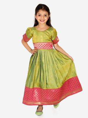 BownBee Ethnic Silk Booti Party Dress Gown for Girls- Green 1