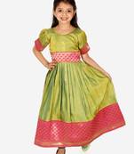 BownBee Ethnic Silk Booti Party Dress Gown for Girls- Green