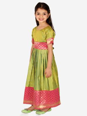 BownBee Ethnic Silk Booti Party Dress Gown for Girls- Green 3