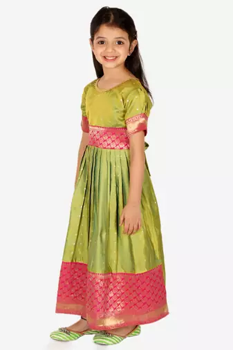 BownBee Ethnic Silk Booti Party Dress Gown for Girls- Green