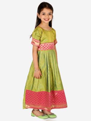BownBee Ethnic Silk Booti Party Dress Gown for Girls- Green 4