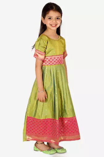 BownBee Ethnic Silk Booti Party Dress Gown for Girls- Green