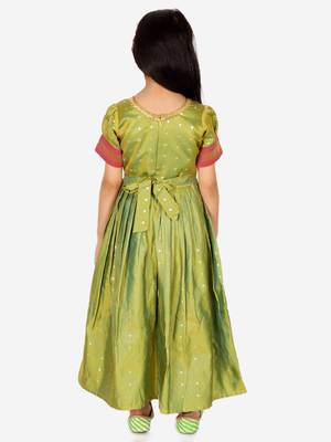 BownBee Ethnic Silk Booti Party Dress Gown for Girls- Green 5