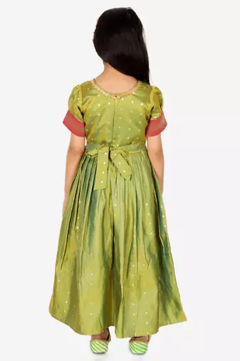 BownBee Ethnic Silk Booti Party Dress Gown for Girls- Green
