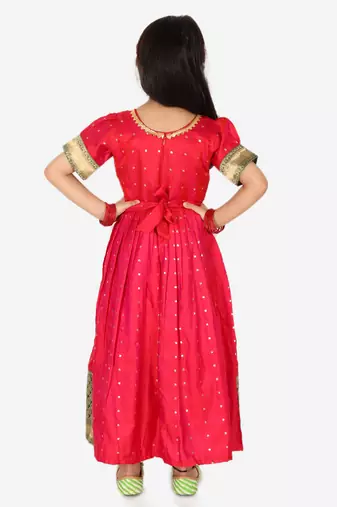 BownBee Ethnic Silk Booti Party Dress Gown for Girls- Pink