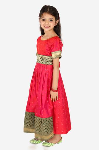 BownBee Ethnic Silk Booti Party Dress Gown for Girls- Pink
