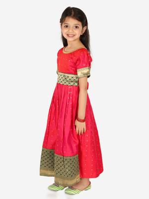 BownBee Ethnic Silk Booti Party Dress Gown for Girls- Pink 1