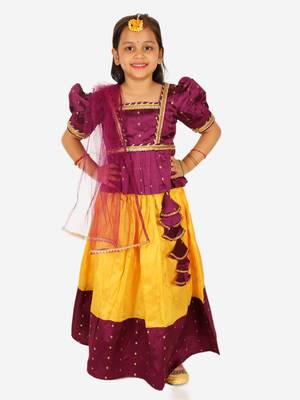 BownBee Ethnic Sibling Sets Puff Sleeve Choli Lehenga with Dupatta for Girls- Purple 1