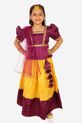 BownBee Ethnic Sibling Sets Puff Sleeve Choli Lehenga with Dupatta for Girls- Purple