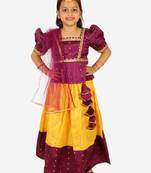 BownBee Ethnic Sibling Sets Puff Sleeve Choli Lehenga with Dupatta for Girls- Purple