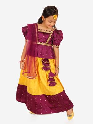 BownBee Ethnic Sibling Sets Puff Sleeve Choli Lehenga with Dupatta for Girls- Purple 2