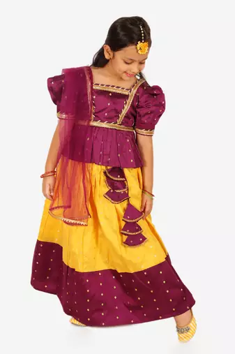BownBee Ethnic Sibling Sets Puff Sleeve Choli Lehenga with Dupatta for Girls- Purple