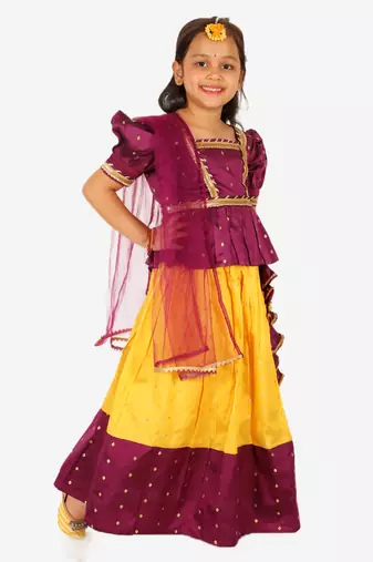 BownBee Ethnic Sibling Sets Puff Sleeve Choli Lehenga with Dupatta for Girls- Purple