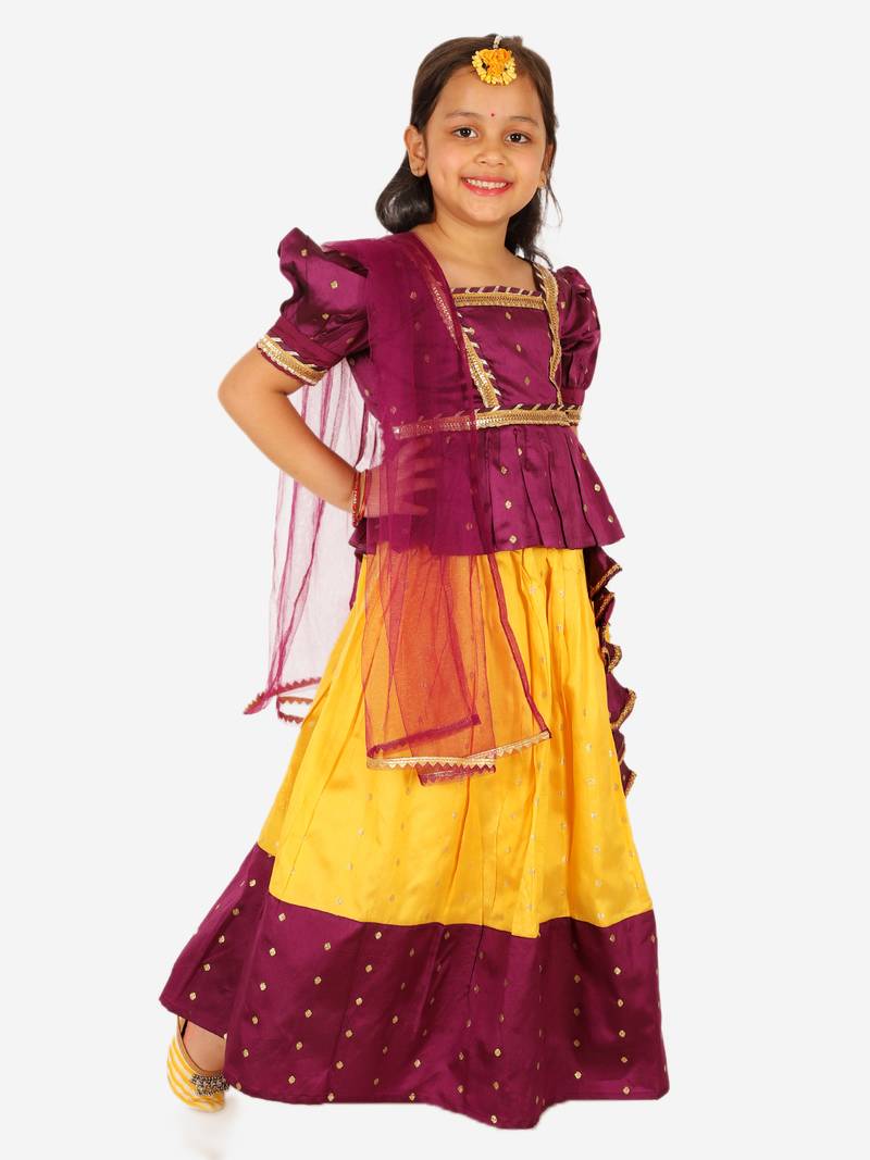 BownBee Ethnic Sibling Sets Puff Sleeve Choli Lehenga with Dupatta for Girls- Purple