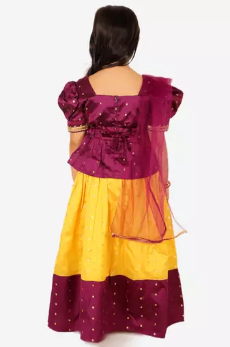 BownBee Ethnic Sibling Sets Puff Sleeve Choli Lehenga with Dupatta for Girls- Purple
