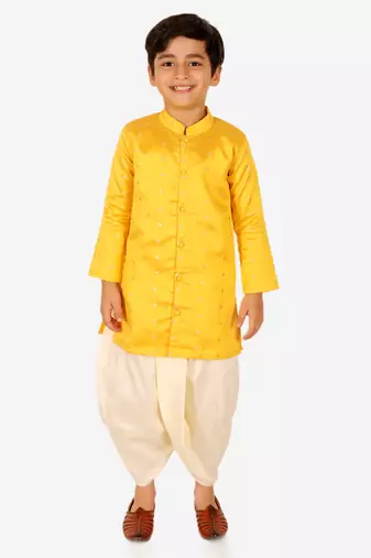 BownBee Ethnic Wear Infant Front Open Dhoti kurta Sibling Set for Baby Boys -Yellow