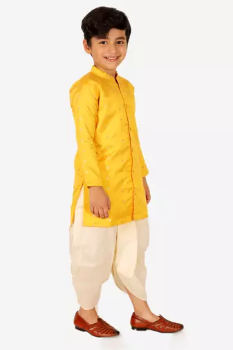 BownBee Ethnic Wear Infant Front Open Dhoti kurta Sibling Set for Baby Boys -Yellow
