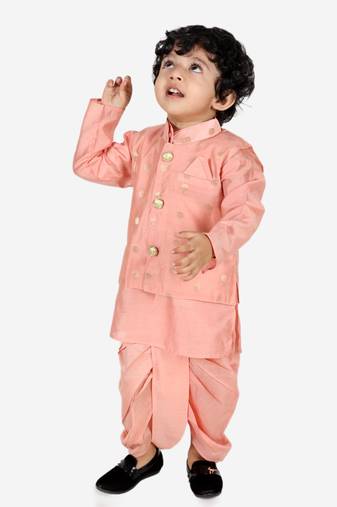 BownBee Ethnic Wear Infant Dhoti kurta with Jacket  Sibling Set for Baby Boys - Peach
