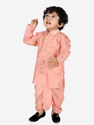 BownBee Ethnic Wear Infant Dhoti kurta with Jacket  Sibling Set for Baby Boys - Peach 1