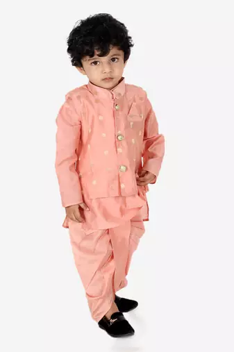 BownBee Ethnic Wear Infant Dhoti kurta with Jacket  Sibling Set for Baby Boys - Peach