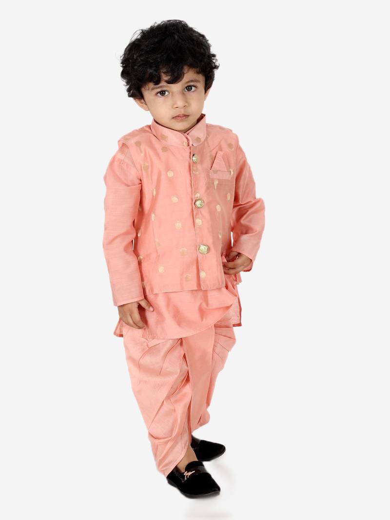 BownBee Ethnic Wear Infant Dhoti kurta with Jacket  Sibling Set for Baby Boys - Peach
