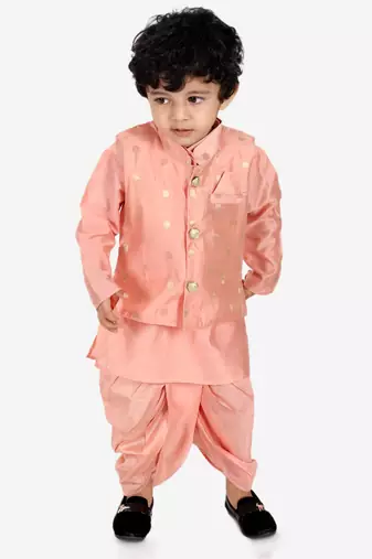 BownBee Ethnic Wear Infant Dhoti kurta with Jacket  Sibling Set for Baby Boys - Peach