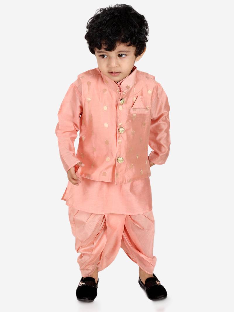 BownBee Ethnic Wear Infant Dhoti kurta with Jacket  Sibling Set for Baby Boys - Peach