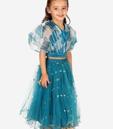 BownBee Ethnic Organza Cape Choli with Sequined Net Lehenga for Girls- Blue