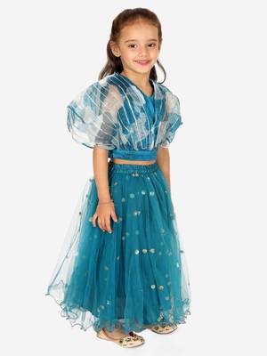 BownBee Ethnic Organza Cape Choli with Sequined Net Lehenga for Girls- Blue 2