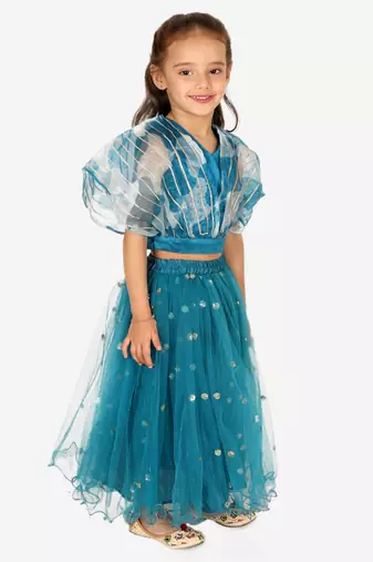 BownBee Ethnic Organza Cape Choli with Sequined Net Lehenga for Girls- Blue