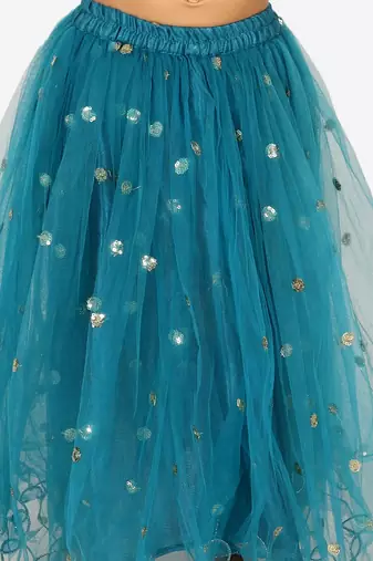 BownBee Ethnic Organza Cape Choli with Sequined Net Lehenga for Girls- Blue