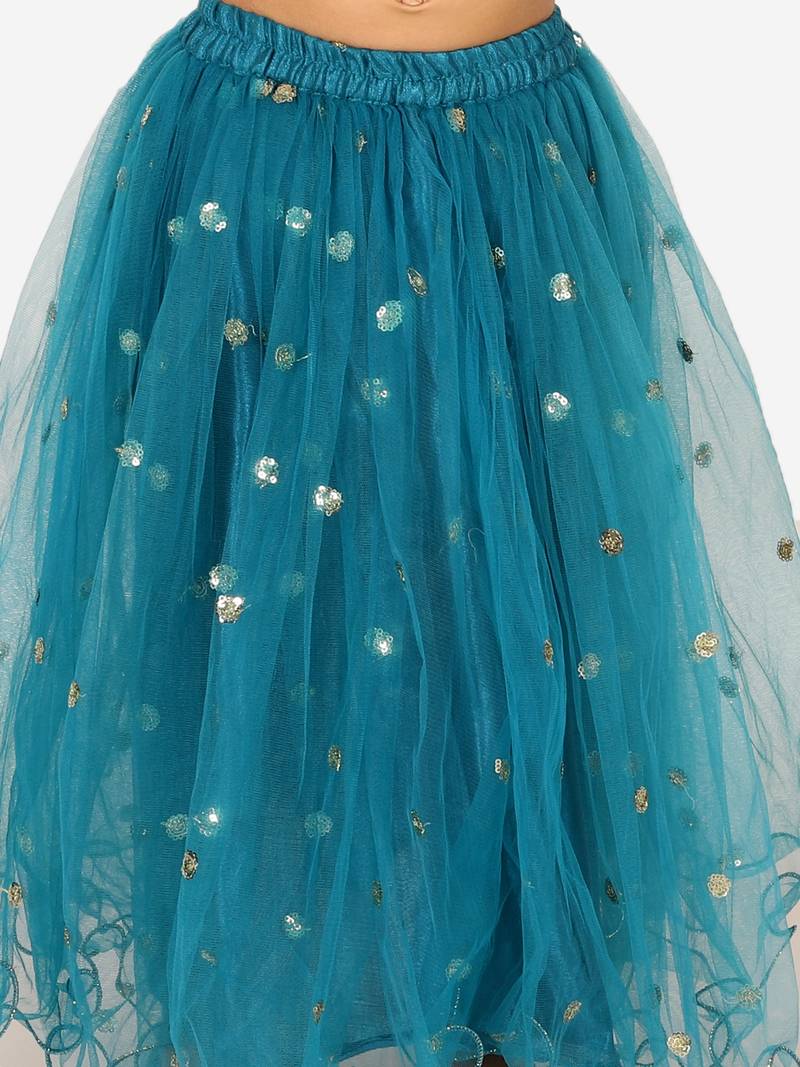 BownBee Ethnic Organza Cape Choli with Sequined Net Lehenga for Girls- Blue