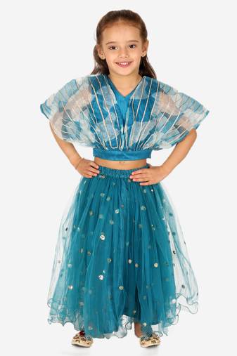BownBee Ethnic Organza Cape Choli with Sequined Net Lehenga for Girls- Blue