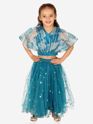 BownBee Ethnic Organza Cape Choli with Sequined Net Lehenga for Girls- Blue 1