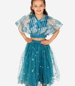 BownBee Ethnic Organza Cape Choli with Sequined Net Lehenga for Girls- Blue