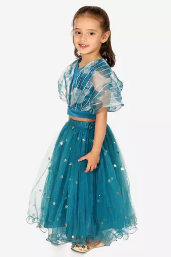BownBee Ethnic Organza Cape Choli with Sequined Net Lehenga for Girls- Blue