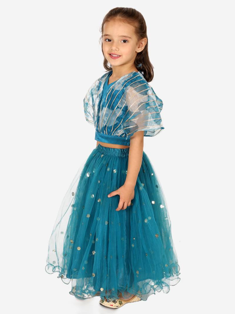 BownBee Ethnic Organza Cape Choli with Sequined Net Lehenga for Girls- Blue